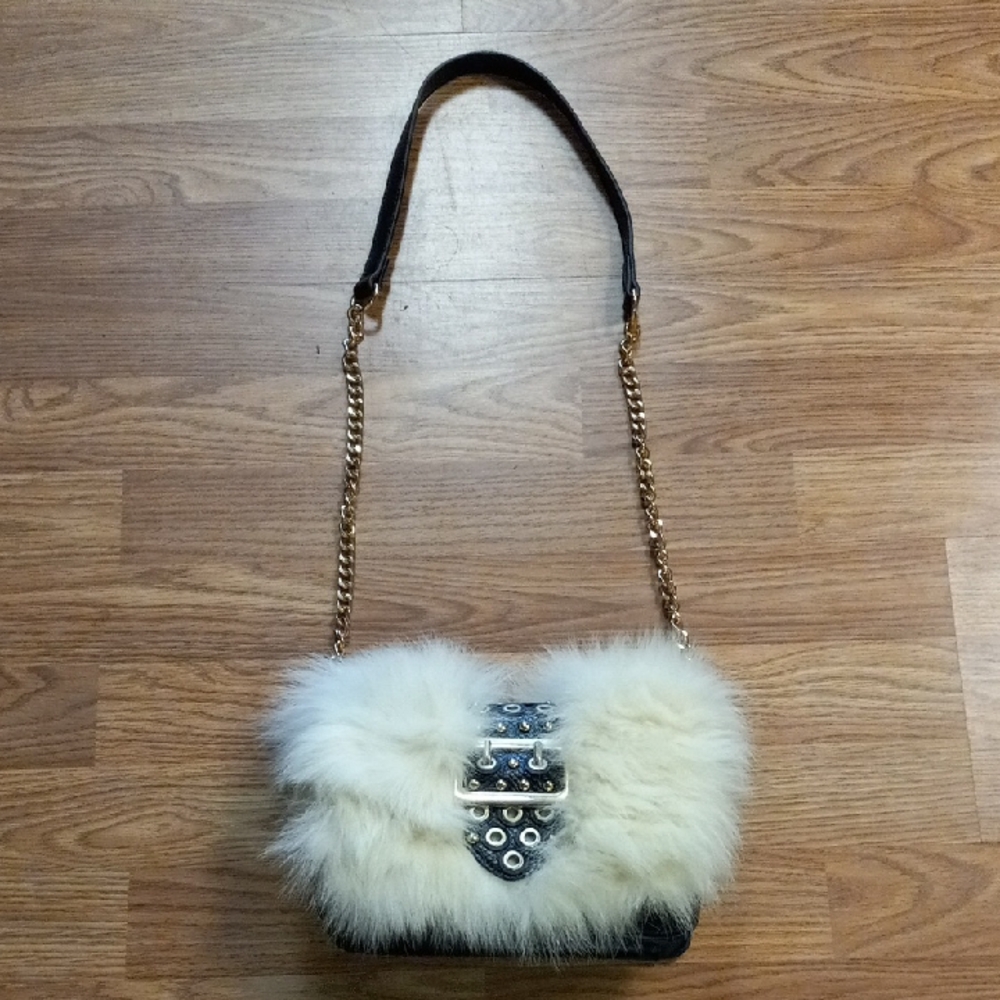 Faux Fur Gold Chain Shoulder Bag - Cream and Black, Gold Designed Buckle - Picture 1 of 9